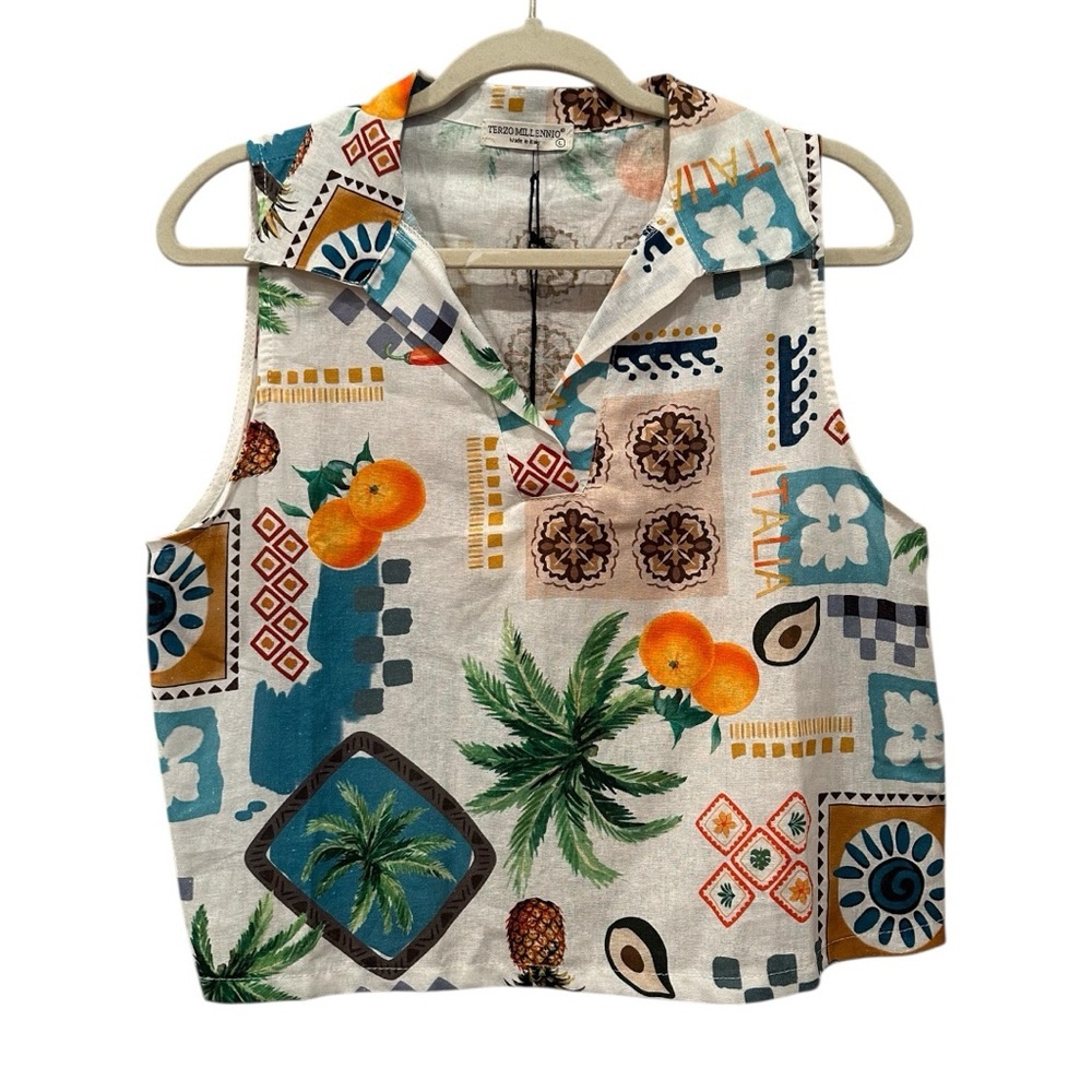 NWT Tropical Sleeveless Blouse Top Linen Cotton Palm Tree Vacay Resortwear Sz L